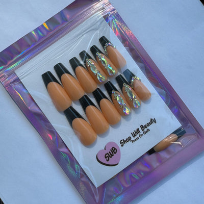 Black French Bling Coffin Press On Nails