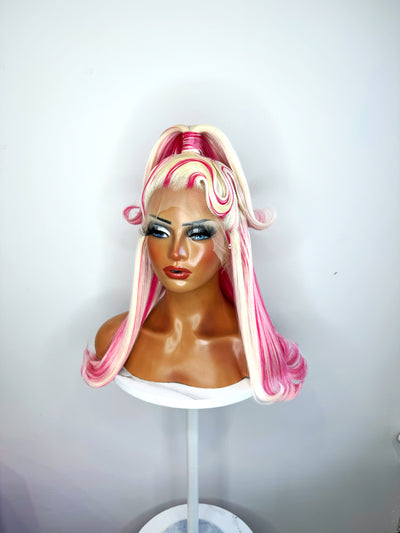 Pink & White Blonde Half Up Ponytail Synthetic Wig (Made to Order)