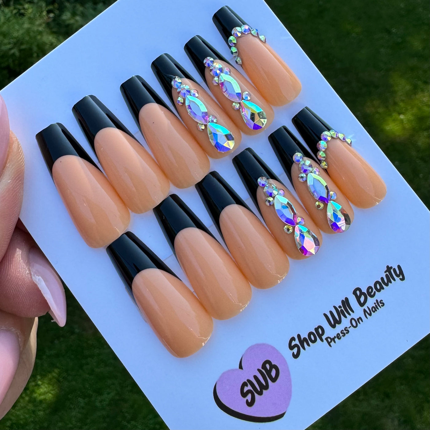 Black French Bling Coffin Press On Nails