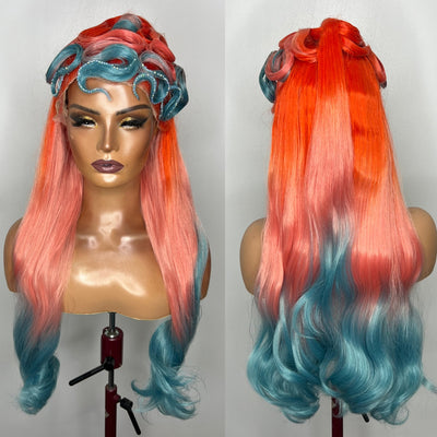Orange and Blue Ombre Sculpted Squiggle Synthetic Wig (Ready to Ship)