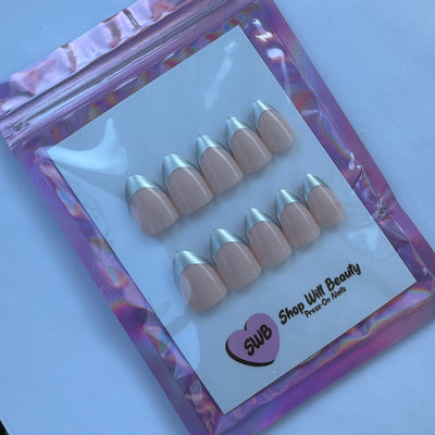 Silver Chrome French Almond Press On Nails