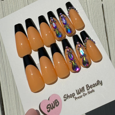 Black French Bling Coffin Press On Nails