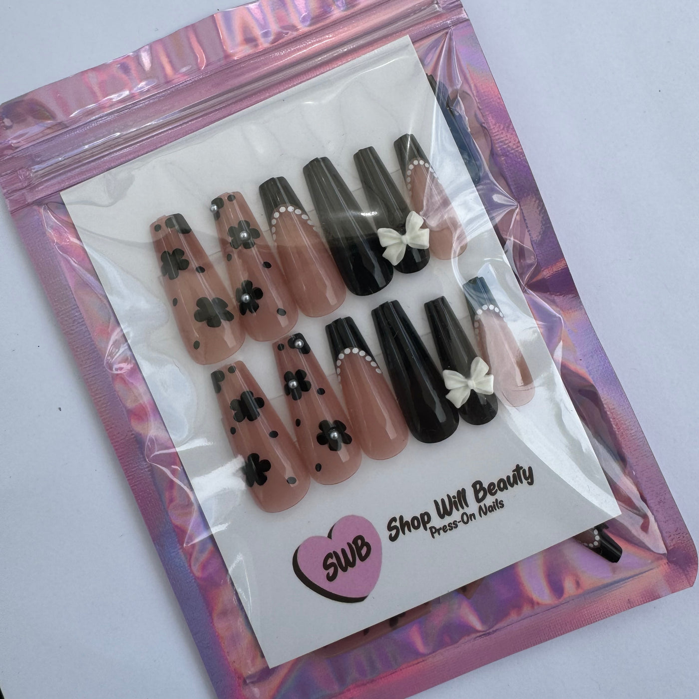 Black & Chrome 3D Coffin Press On Nails