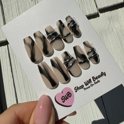 Black & Chrome 3D Coffin Press On Nails