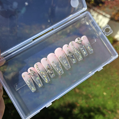 Holographic Silver Butterfly Coffin Hand Painted Gel Press on Nails