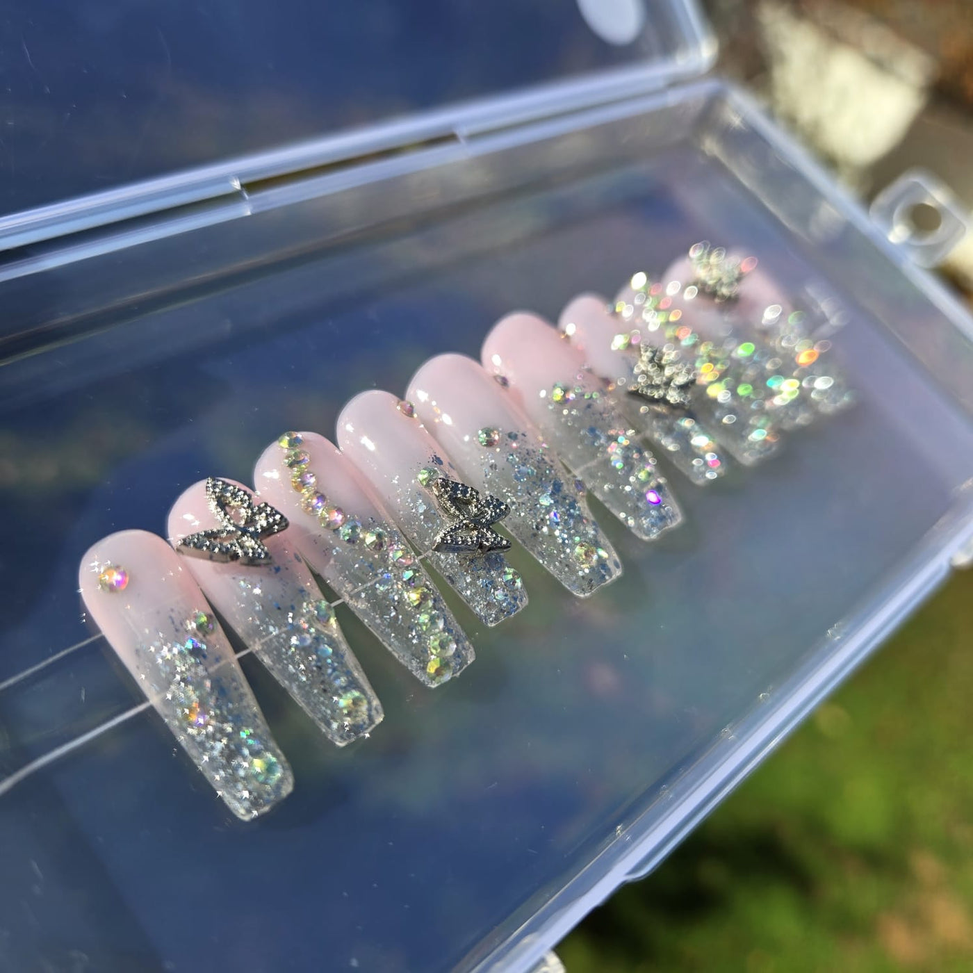 Holographic Silver Butterfly Coffin Hand Painted Gel Press on Nails