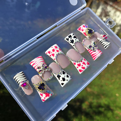 Pink & Black Animal Print Duck Hand Painted Gel Press on Nails