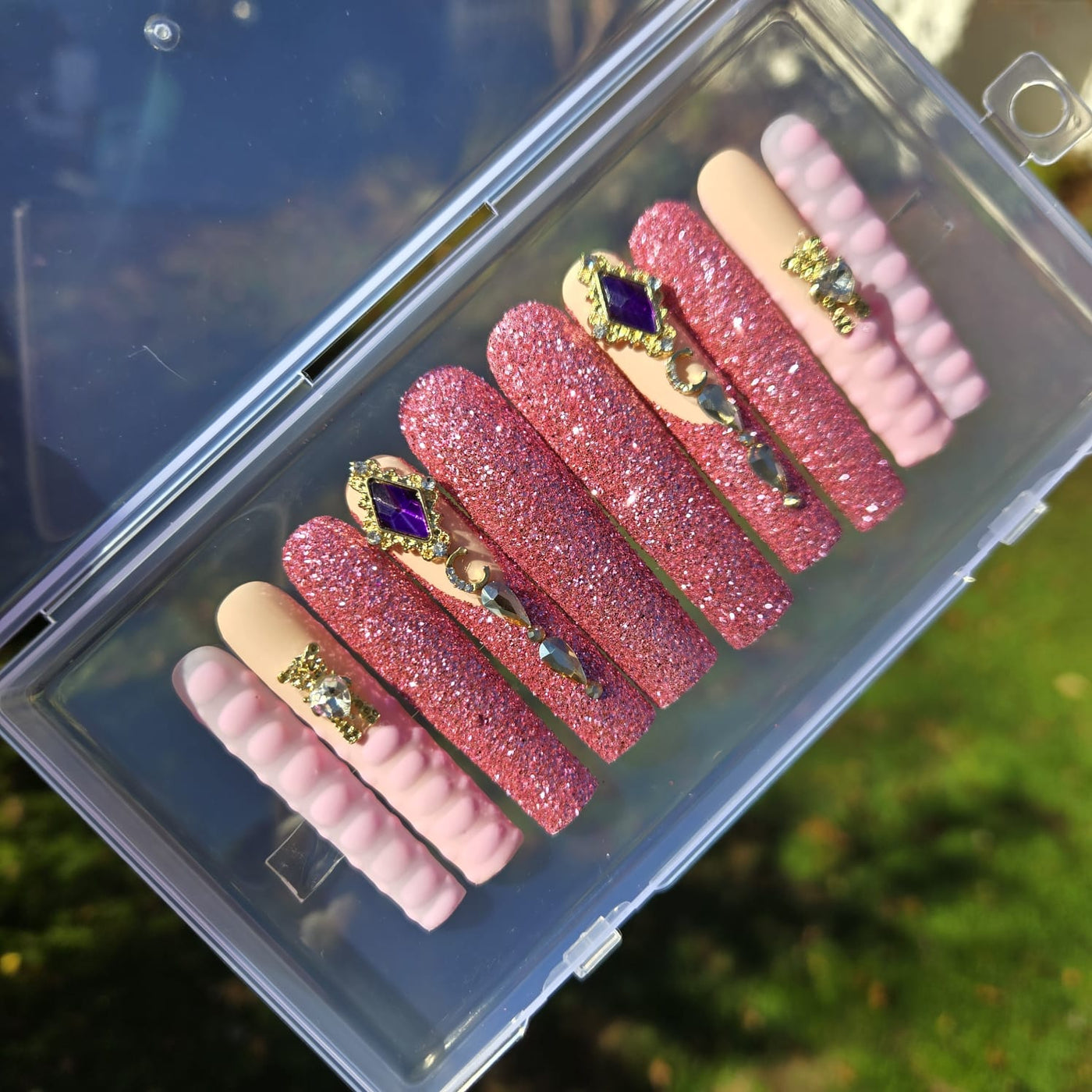Pink Glitter & Bling Extra Long Coffin Hand Painted Gel Press on Nails