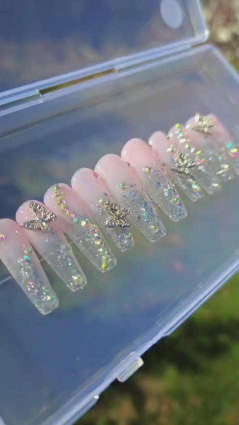 Holographic Silver Butterfly Coffin Hand Painted Gel Press on Nails