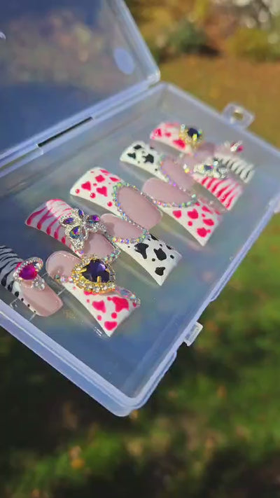 Pink & Black Animal Print Duck Hand Painted Gel Press on Nails