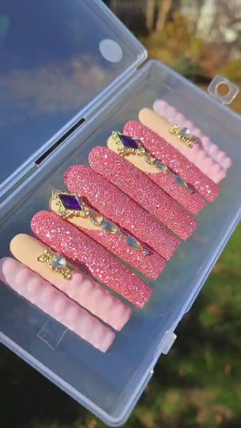 Pink Glitter & Bling Extra Long Coffin Hand Painted Gel Press on Nails