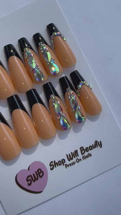 Black French Bling Coffin Press On Nails