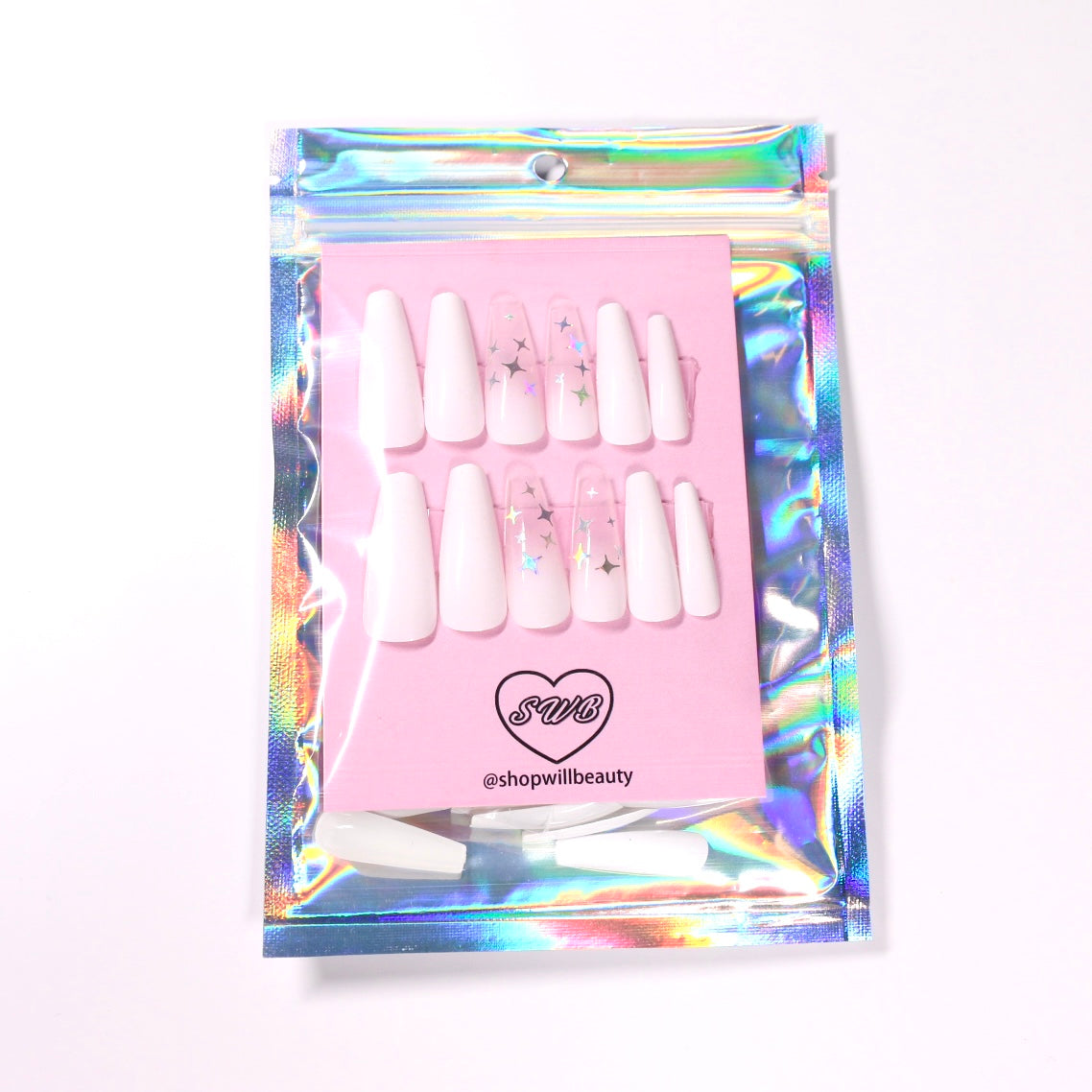 White Holographic Twinkle Coffin Press On Nails